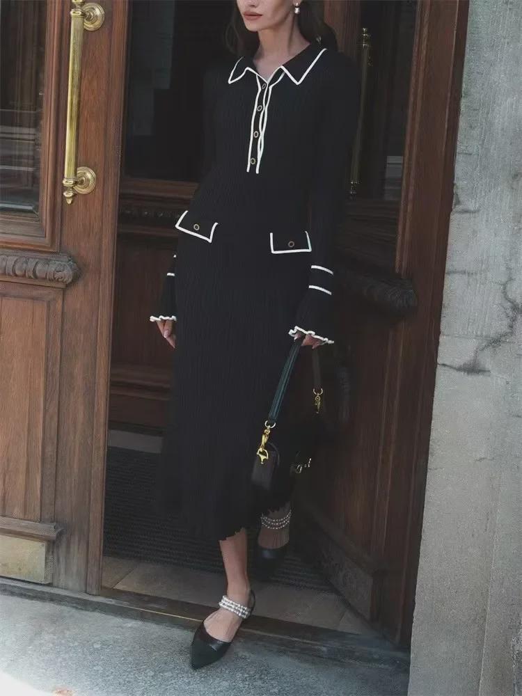 Платье-свитер с оборками в европейском и американском стиле 2025 года — роскошное платье-миди с французскими лацканами на осень/зиму