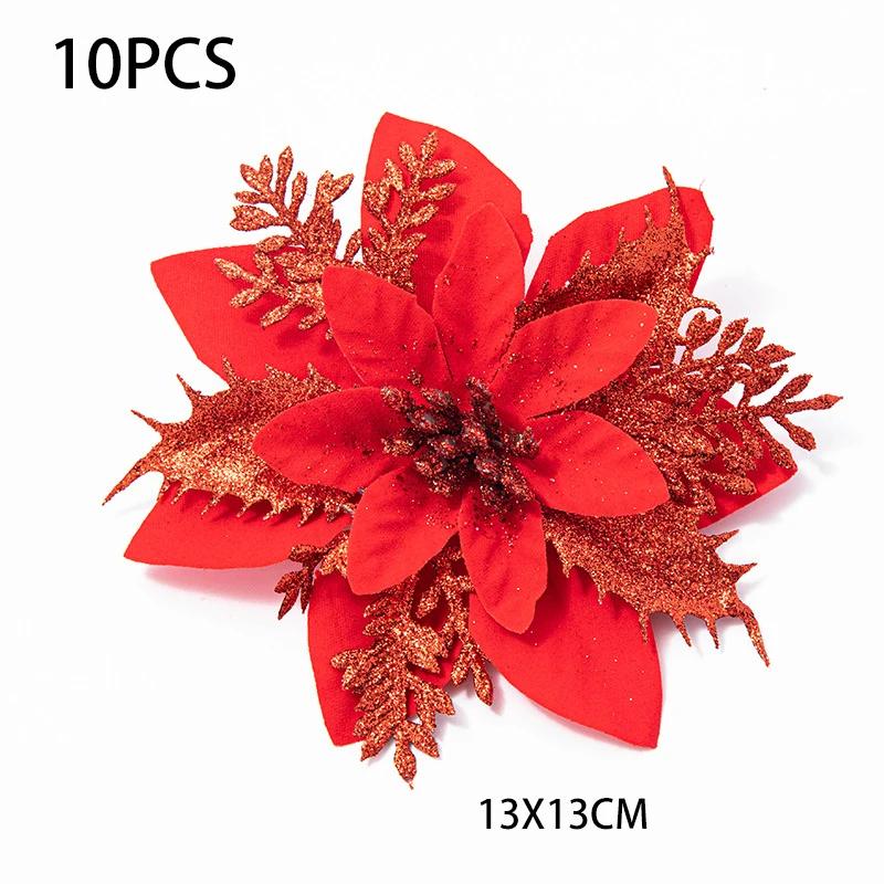 10 шт. Рождественский цветок, блестящий золотой порошок, блестки, украшение на рождественскую елку, праздничная вечеринка, домашний цветочный рождественский венок, домашний декор