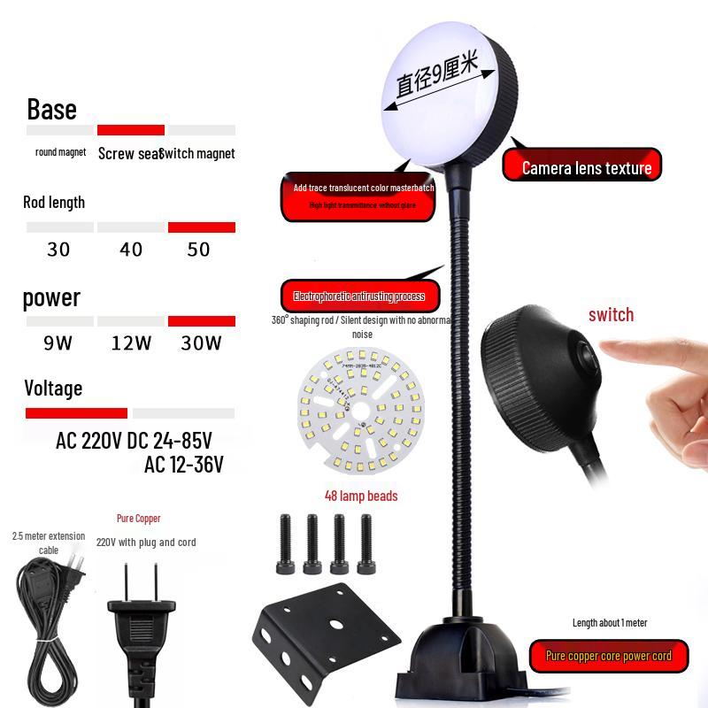 220V LED Work Light with Magnetic Base for Lathe, Punch Press, Injection Molding, and 24V Equipment