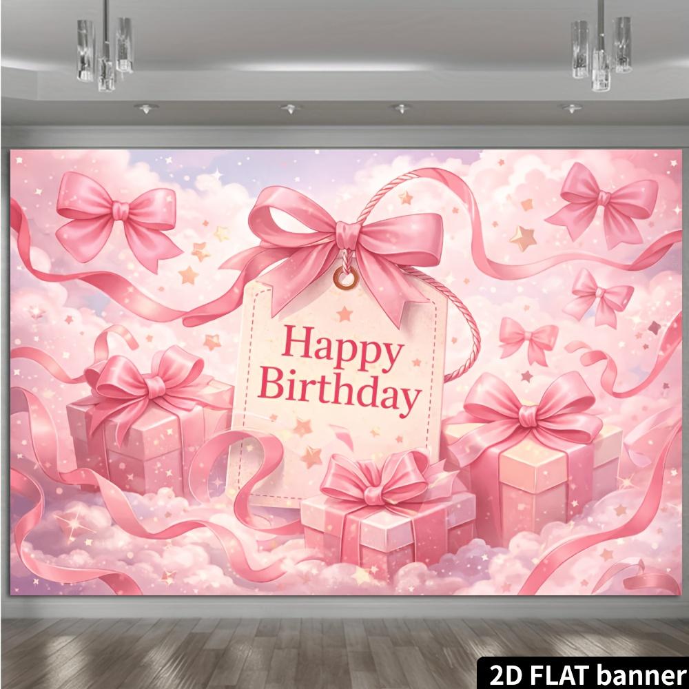 2D planar birthday party banner background - Pink romantic birthday theme featuring pink bows ribbons and gift boxes
