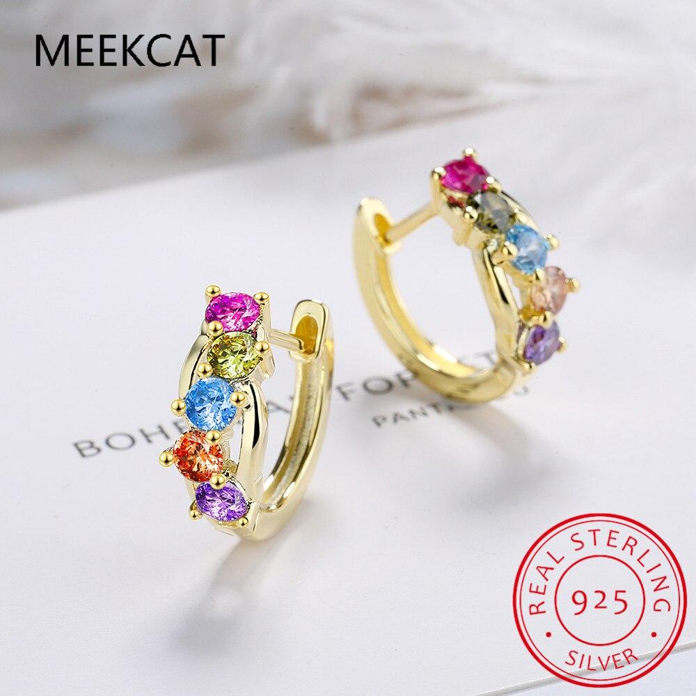 Настоящее серебро 925 пробы, простые круглые серьги-кольца с цирконием радужного цвета для женщин, элегантные модные ювелирные изделия Brincos
