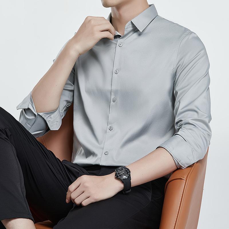 Рубашка из мерсеризованной немаркой мужской с длинным рукавом, не мнется, деловой костюм, свадебная рубашка, однотонная