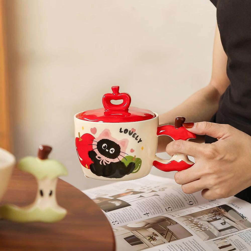Керамическая чашка с крышкой в виде кота Apple для девочек, подарочная чашка для дома, кружка для парного молочного завтрака