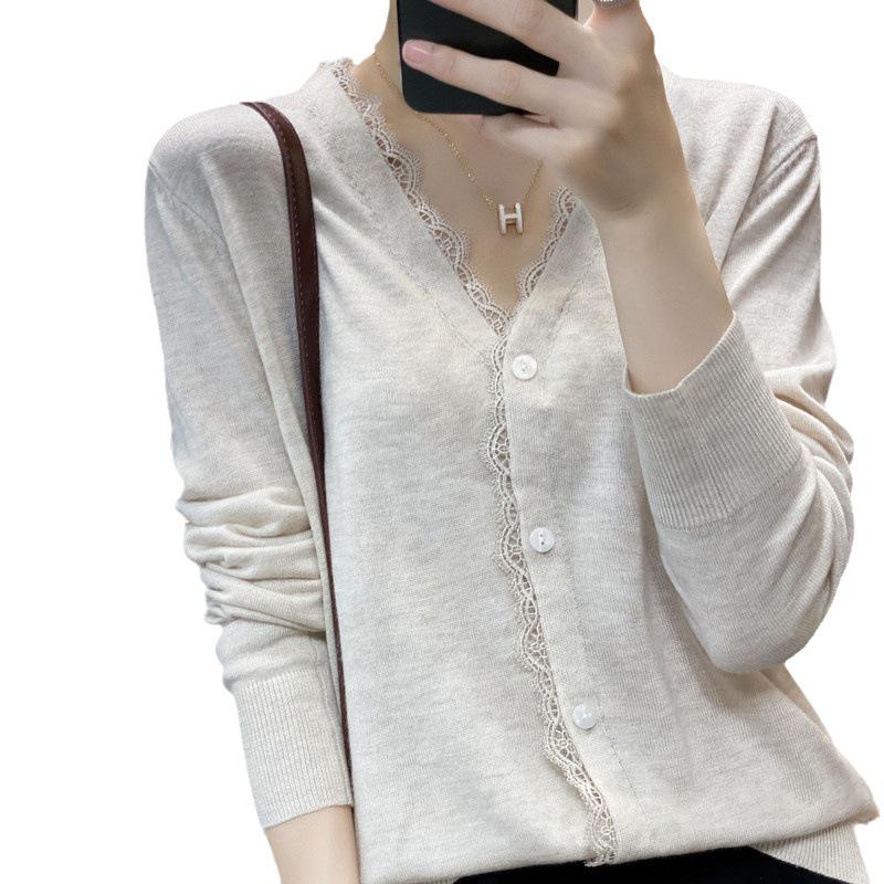 Elegant Lace Knit Cashmere V-Neck Cardigan - Sheer, Versatile, Loose Fit for Spring & Autumn