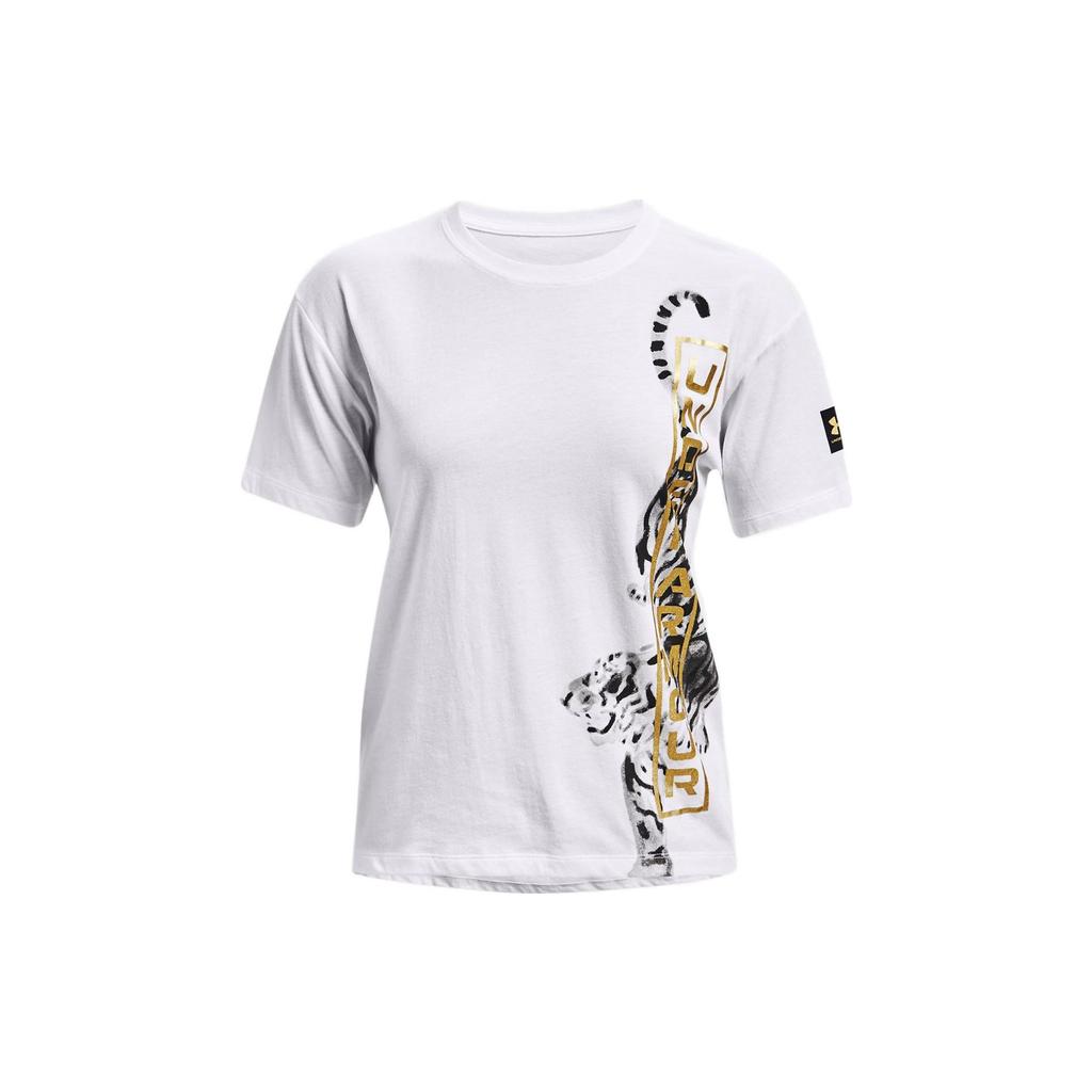 Under Armour Новая весенняя коллекция, футболка с круглым вырезом и принтом логотипа тигра, женские топы, белые 1366121-100