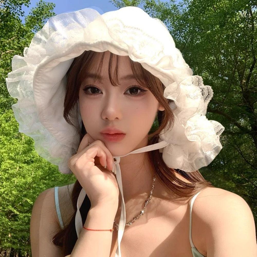 Lolita Fisherman Hat White Visor Basin Cap Foldable Lace Bucket Hat Outdoor