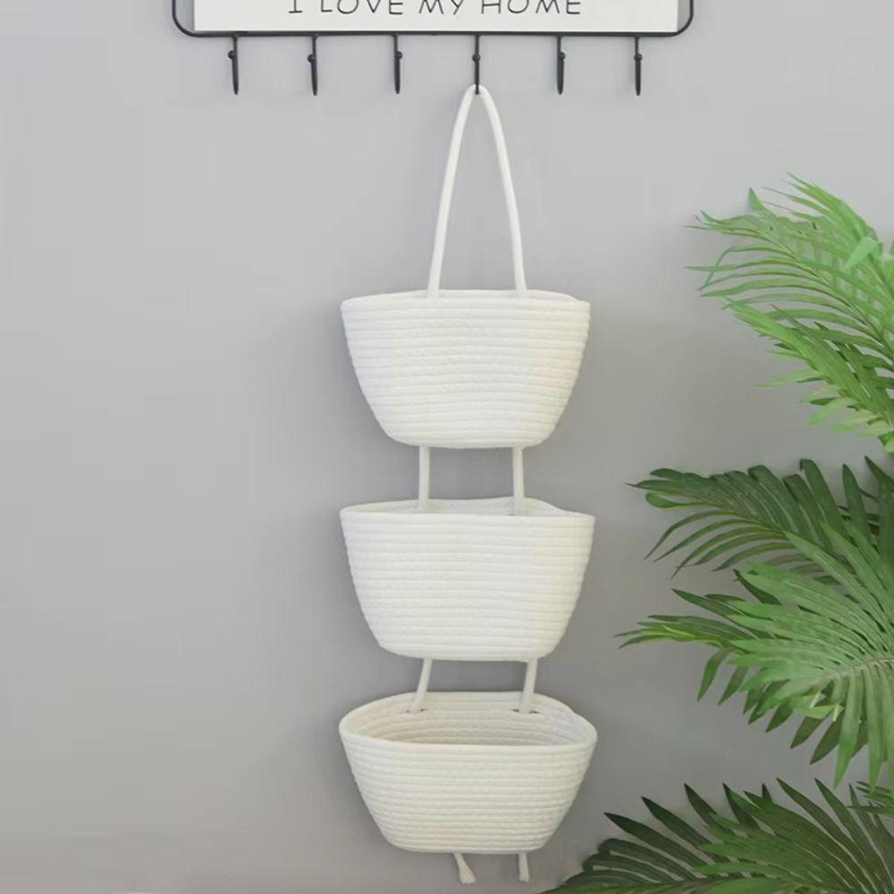 Handwoven Woven Hanging Organizer 3-Tier Wall Mount Storage Bag Cute Wall Hanging Pouch Entryway