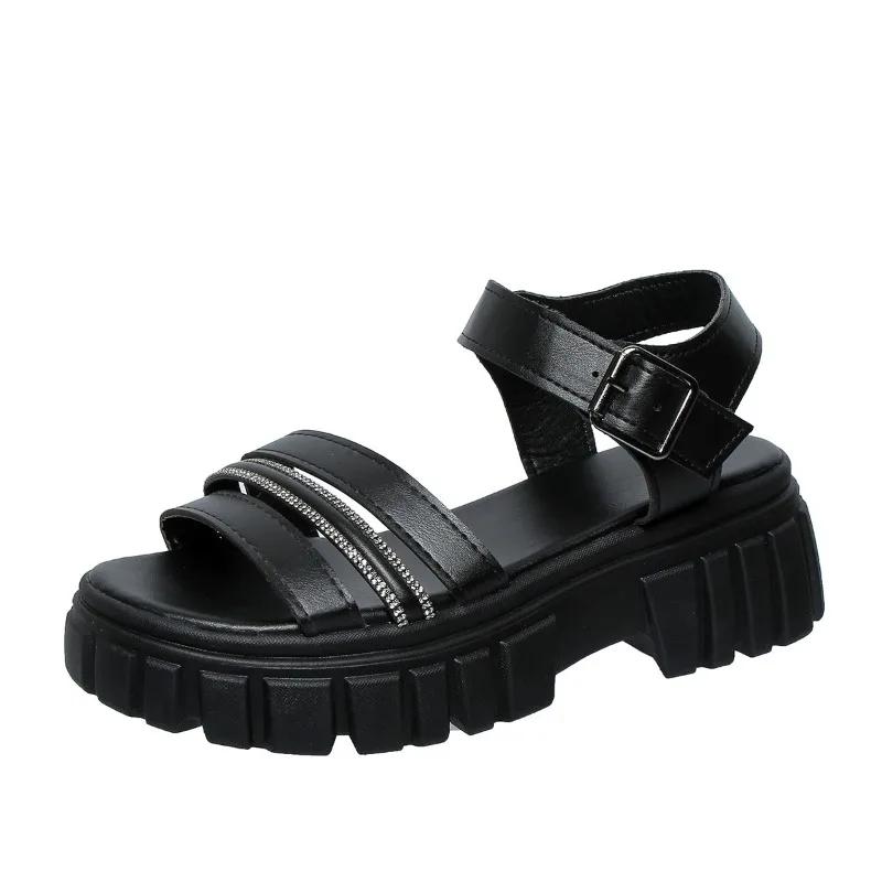 Модная обувь для женщин 2024 года, высококачественные женские сандалии с ремешком на щиколотке, летние с открытым носком и пряжкой, однотонные повседневные сандалии на платформе больших размеров