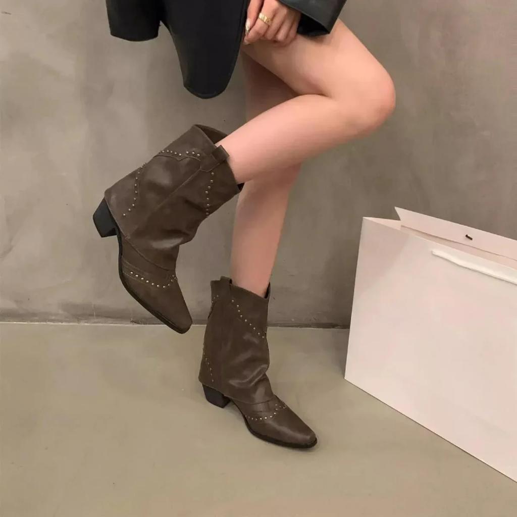 Модные женские ботинки Обувь для женщин в стиле вестерн-ковбой Толстый каблук Ретро Новый Рок Готика Середина икры Низкий острый носок Осень Зима Rivet2024