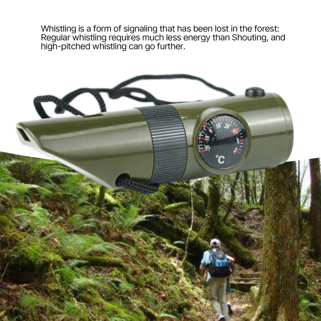 Whistle with Compass Magnifier LED Flashlight Thermometer for Survival, Multifunctional 7 In 1 Outdoor Camping Hiking