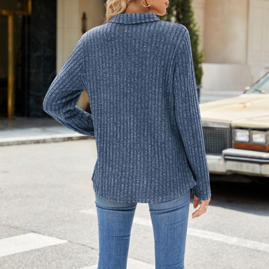 Женский свитер с V-образным вырезом и лацканами, нагрудный карман, длинный рукав, однотонный трикотажный топ в рубчик, повседневный