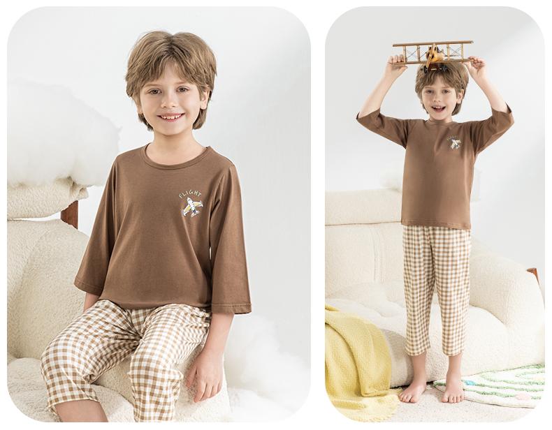 Yingbolun boys' air-conditioned clothes, pajamas, spring and summer all cotton children's home clothes, thin cotton seven quarter sleeve set