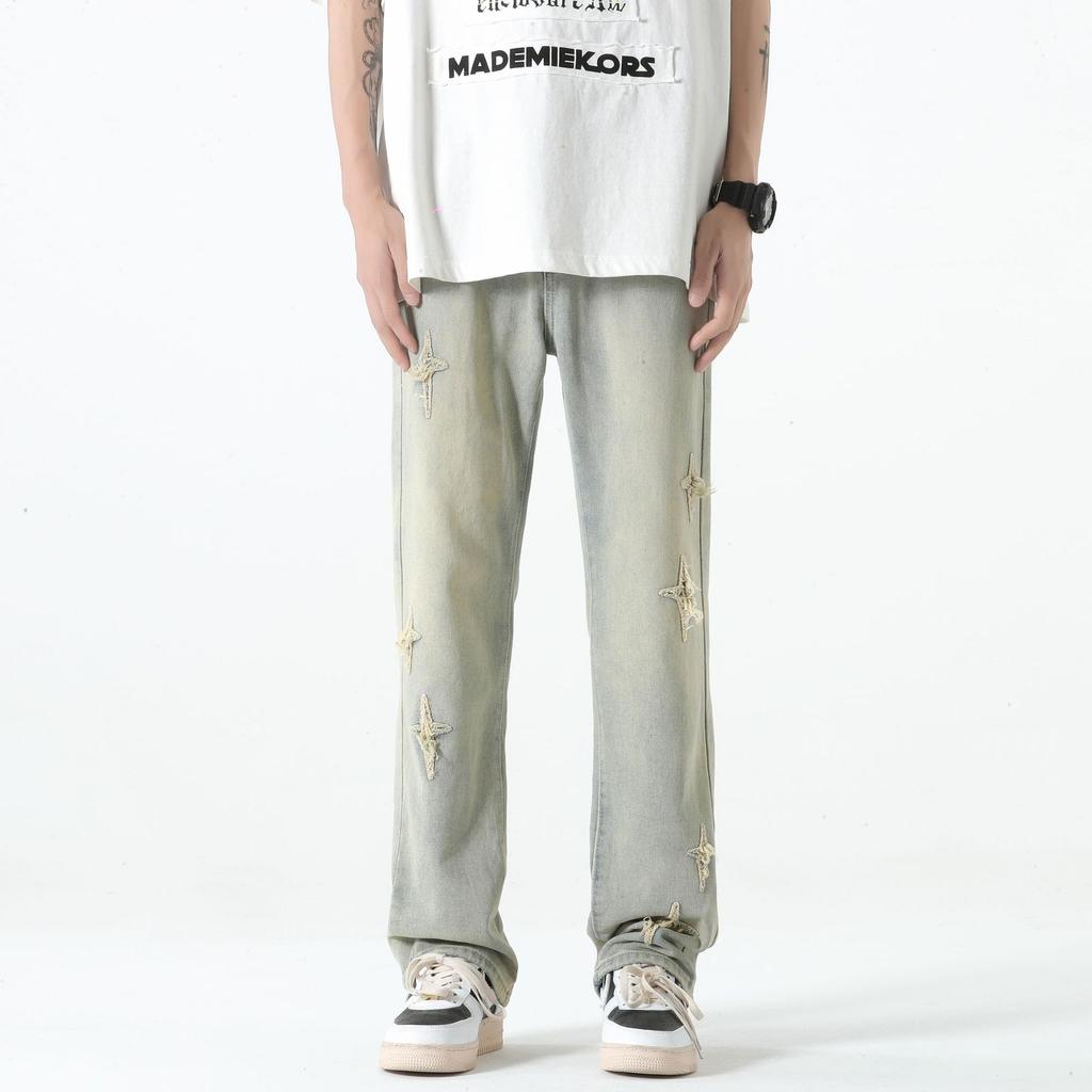 Мужские мешковатые джинсы Y2K из 80% хлопка со звездами, джинсовые повседневные расклешенные брюки, спортивные штаны для мужчин, американский стиль, 2023