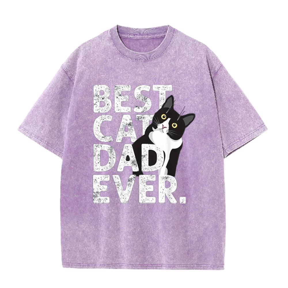 2026 Vintage Washed Black Best Cat Dad Ever Graphic T Shirt Tuxedo Cat Animal Letter Print Oversized Casual Short Sleeve Tee