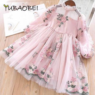 Весеннее платье с длинными рукавами для девочек, розовое платье принцессы с цветочной вышивкой для девочек, детская одежда, кружевное дворцовое платье с пышными рукавами