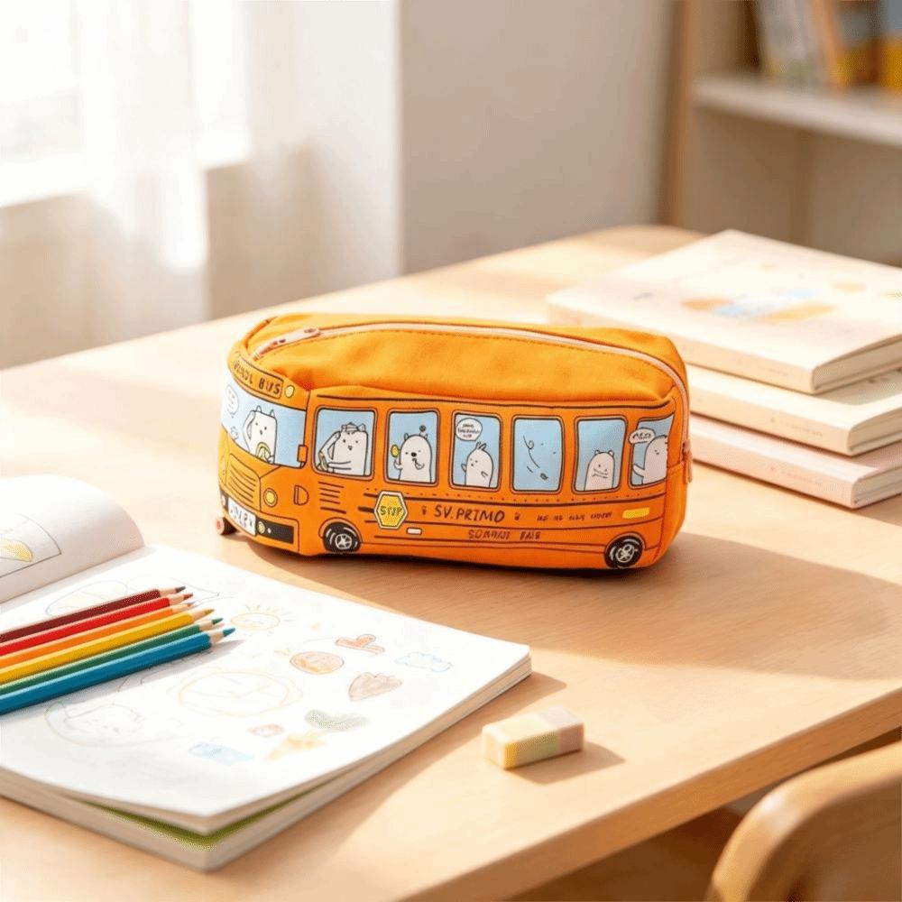 Zipper Closure Pencil Bag Large Capacity Stationery Box School Bus Pencil Case Children Use