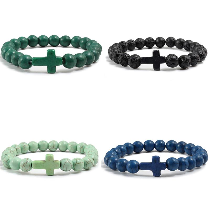 1PC Men Women Gift Cross Charm Beaded Bracelets Matte Bracelet Jewelry Handmade Natural Stone Prayer  Accessories