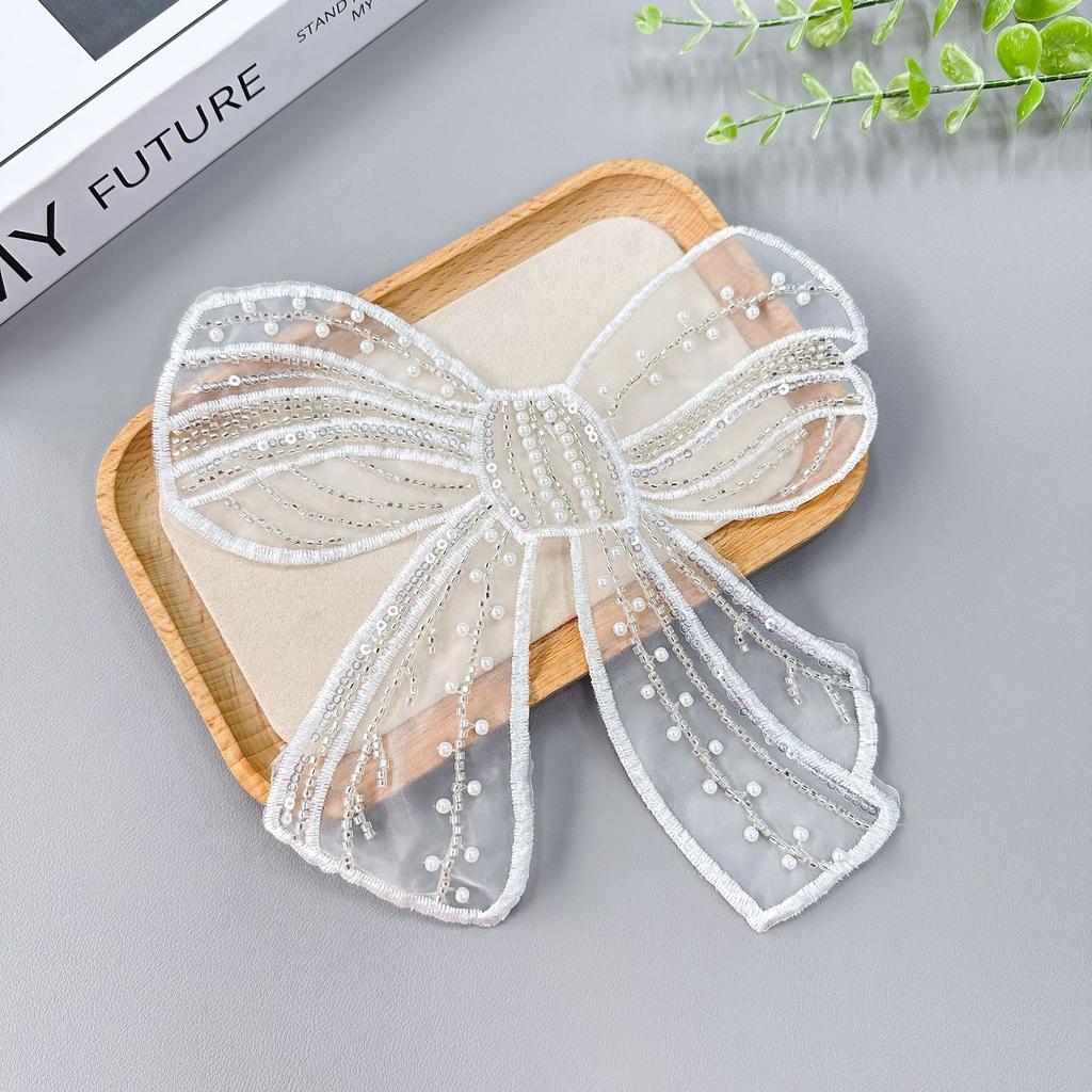 White Beaded Organza Bow Patch Sticker Clothing T-Shirt Top Children'S Clothing Decorative Cloth Sticker Accessories