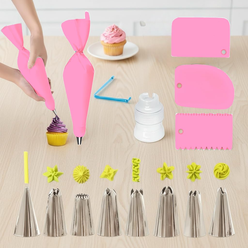 Piping Bags and Tips Set, 14 Pcs Cake Decorating Kit with 12.6 Inch Anti Burst Piping Bags with 8 Piping Tips, 3 Cake Scrapers,1 Coupler, 1 Bag Tie,