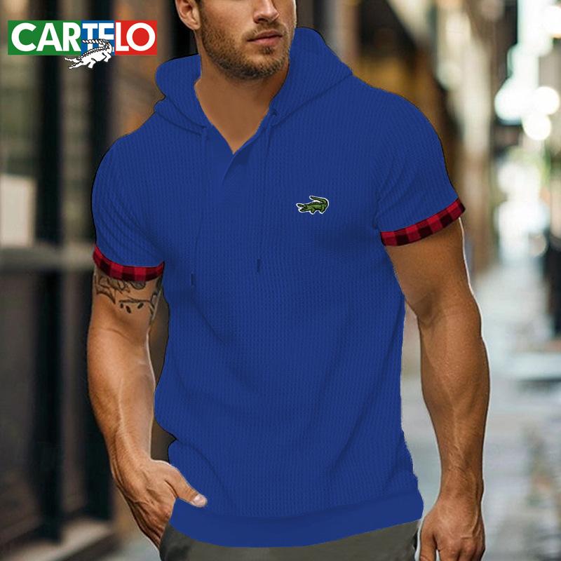 CARTELO Новая летняя повседневная мужская футболка с вышивкой с коротким рукавом, европейский и американский топ, большая вафельная дышащая толстовка с капюшоном