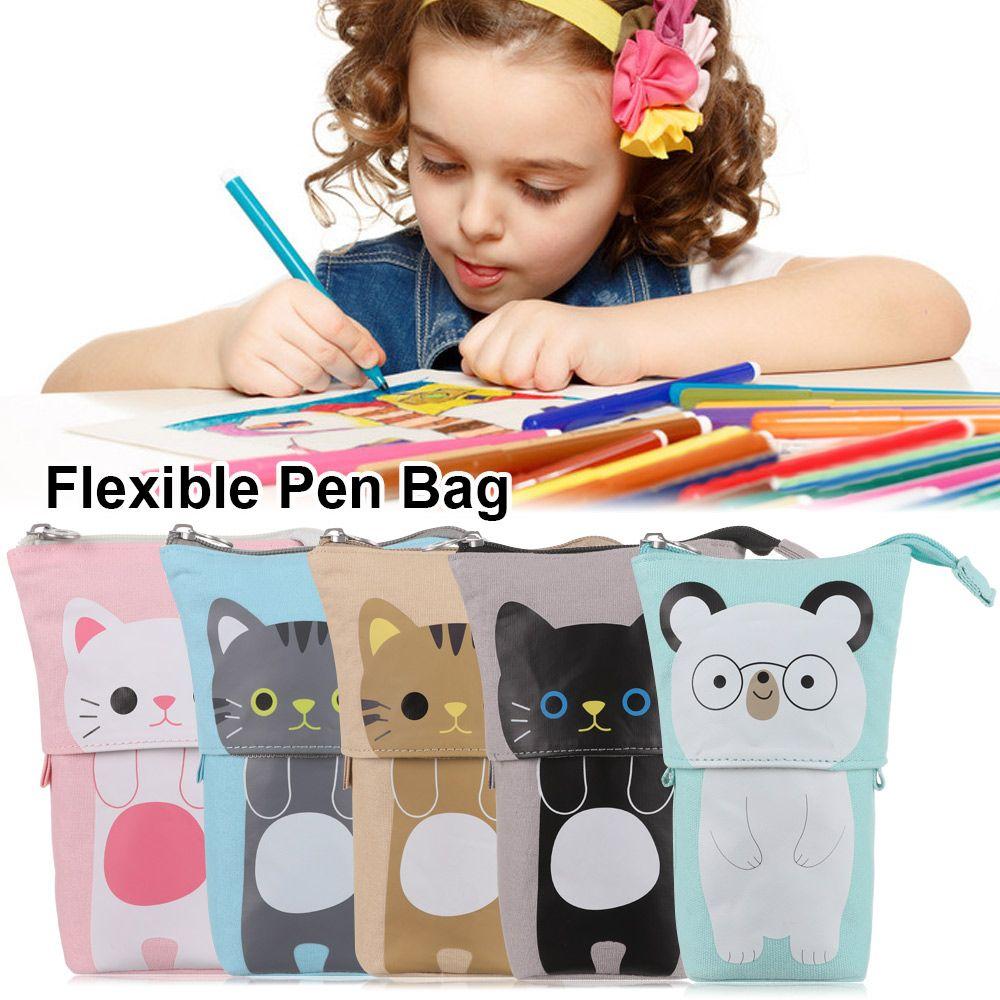 New School Supplies Stationery Makeup Pouch Cat Pencil Case Flexible Pen Bag Zipper Storage Box