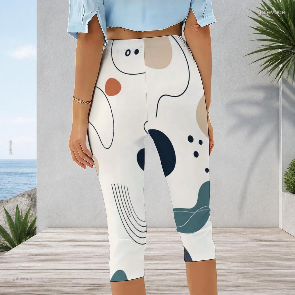 Women Plus Size Abstract Geometric Line Print High Waist Capri Leggings Stretchy Slim Fit Cropped Pants For Yoga Workout Casual Daily Wear