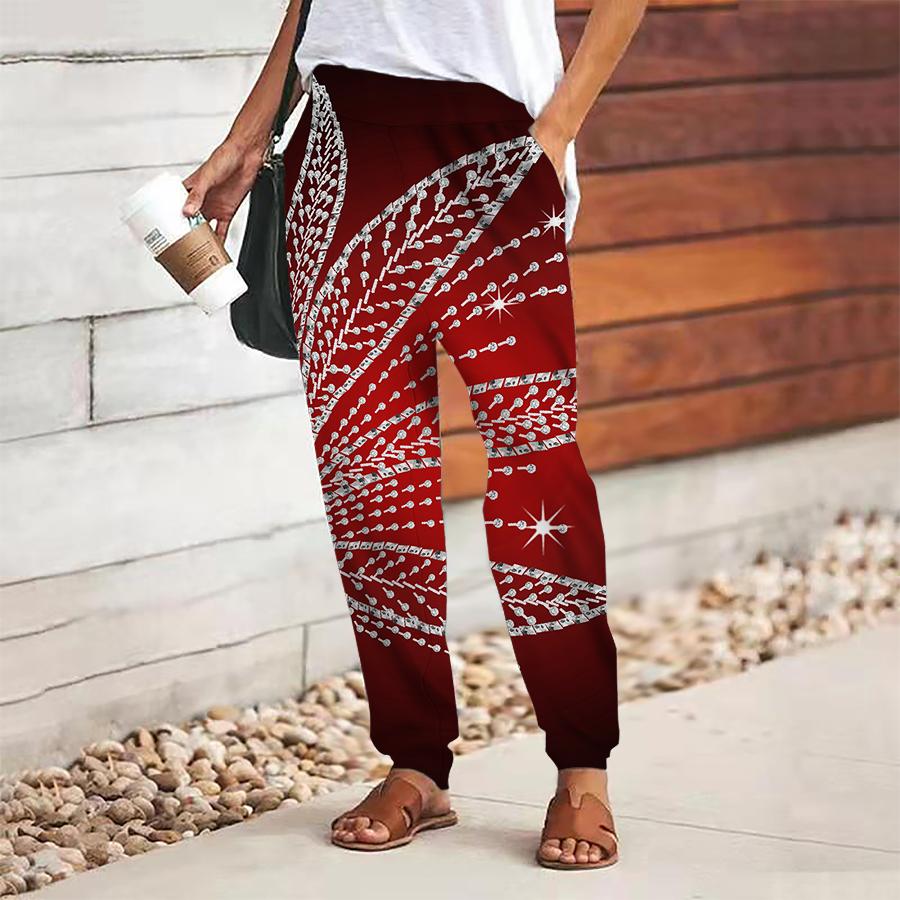 Women Flash Diamond Printing Pants Lace Up Elastic Waist Loose Trousers Casual Long Pants Trousers with Pockets
