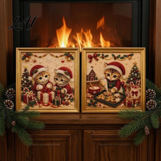 Relaxing Handmade Faux Pearl Sets Christmas Cat Art Kit with Frame Kitty Painting DIY Decorative Supplies Kit 3D Bead Wall Craft for Adults