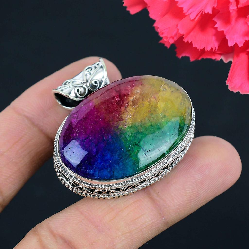 Rainbow Solar Quartz Gemstone Pendant Solid 925 Sterling Silver Pendant Jewelry Gift For Unisex