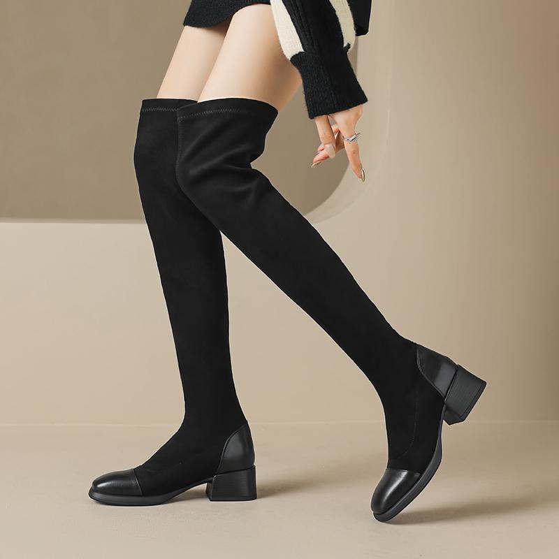 Krazing Pot Flock Autumn Winter Shoes Elastic Boots Square Toe Keep Warm Stretch Over-the-knee Boots