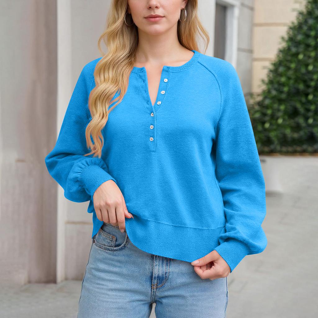 Women's Button Neck SweaterLong Sleeve Henly Fashion Loose Knit Pullover