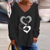 Women Casual T-shirt V-neck Long Sleeve Pullover Tops Rhinestones Heart Pattern Loose Fit Tee Shirt Streetwear