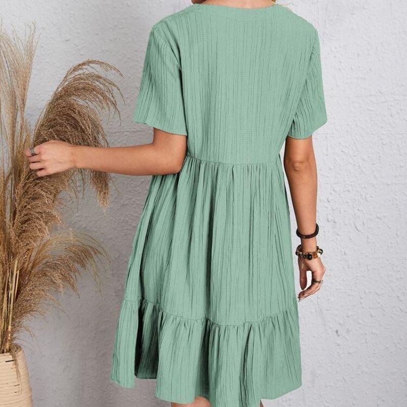 Летние свободные однотонные женские повседневные платья с коротким рукавом, модное винтажное элегантное сексуальное платье с баской, женское свободное платье с оборками на талии 25924