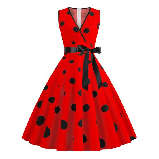 Женское вечернее платье, винтажное контрастное цветное платье в горошек с бантом на талии, трапециевидной формы с большими качелями, тонкое платье без рукавов с открытой спиной и V-образным вырезом, платье миди в стиле принцессы