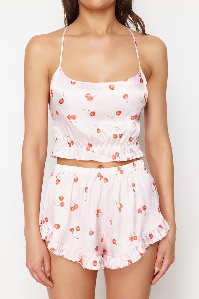 Women's Fashion New Pajama Set Powder-Multi-Colored Ruffle and Back Detailed Satin Athlete-Shorts Woven Pajama Set