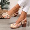 Ladies' Retro Round Toe Shallow Mouth Fashionable Printed Thick Heel High-heeled Single Shoe with A Straight Buckle Strap