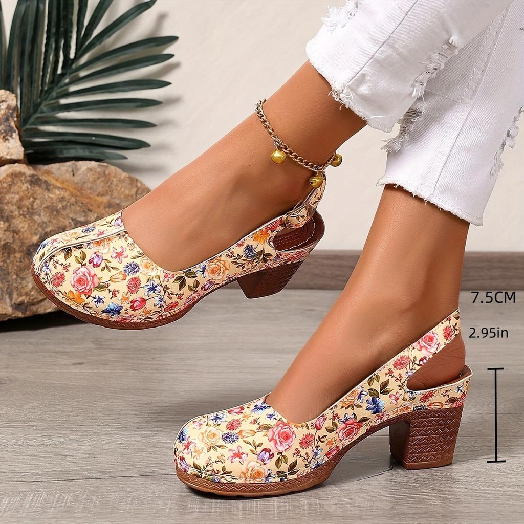 Ladies' Retro Round Toe Shallow Mouth Fashionable Printed Thick Heel High-heeled Single Shoe with A Straight Buckle Strap