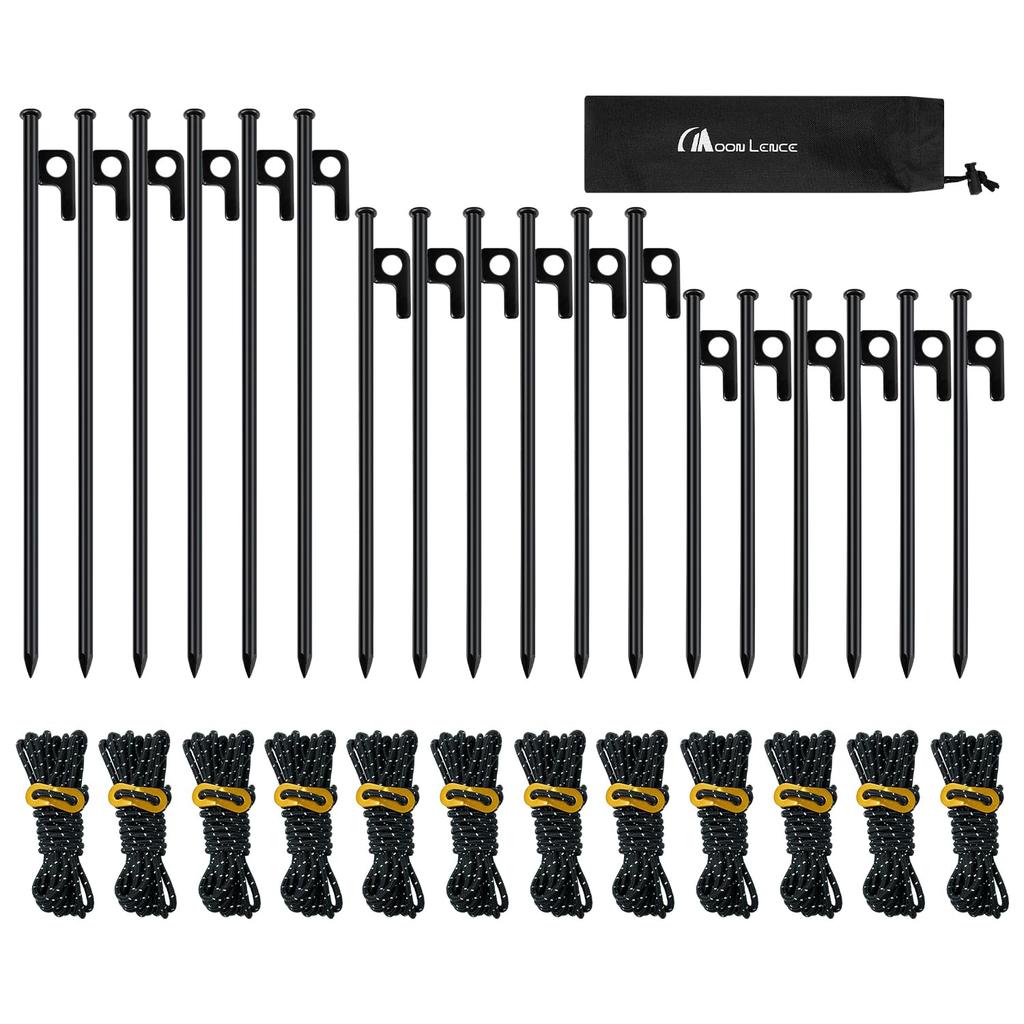 MOON LENCE Set of 6 Each and 12 Tent Tent Guy Pitching for Hard and Includes Dedicated Storage Bag Pegs, (20cm, 25cm, 30cm) + Ropes, Forged,