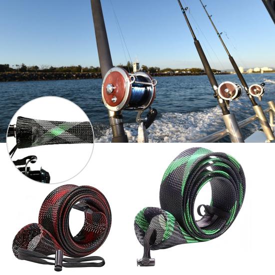 8Pcs 170CM Fishing Rod Sleeve with Lanyard PET Scalable Braided Mesh Fishing Rod Cover Foldable Stretch Fishing Pole Protector Fishing Accessories