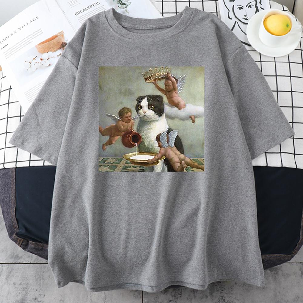 Scottish Fold Angel Crown Print Женская одежда унисекс Индивидуальные повседневные футболки с круглым вырезом All-math Loose Мужские хлопковые футболки с коротким рукавом