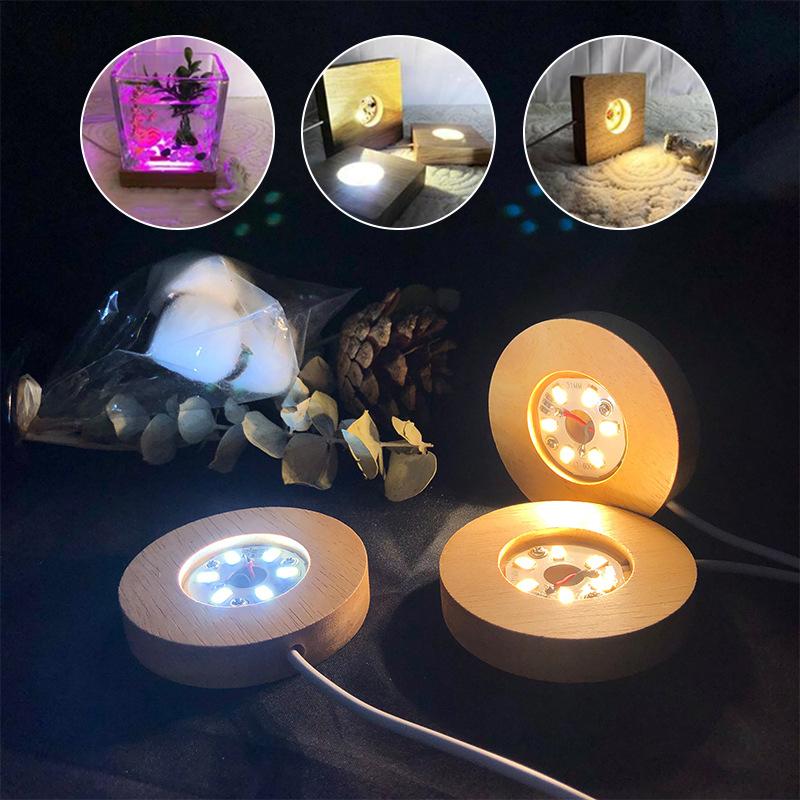 Wooden Led Light Display Base Glass Resin Art Ornament Wooden Night Lamp