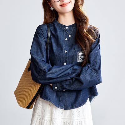 Рубашка женская джинсовая синяя с круглым вырезом, с длинным рукавом, летняя, новая, тонкая, топы, литературная винтажная рубашка