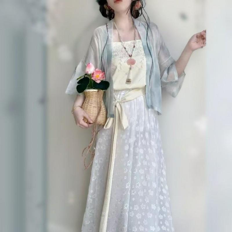 Womens Song Dynasty Style Hanfu Set: Short Top Camisole Bloomer Pants In Chiffon Daily Wear