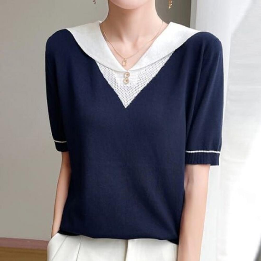 Navava Women Color Block PoinT Collar ShorT Sleeve KniT T shirT Nk3029