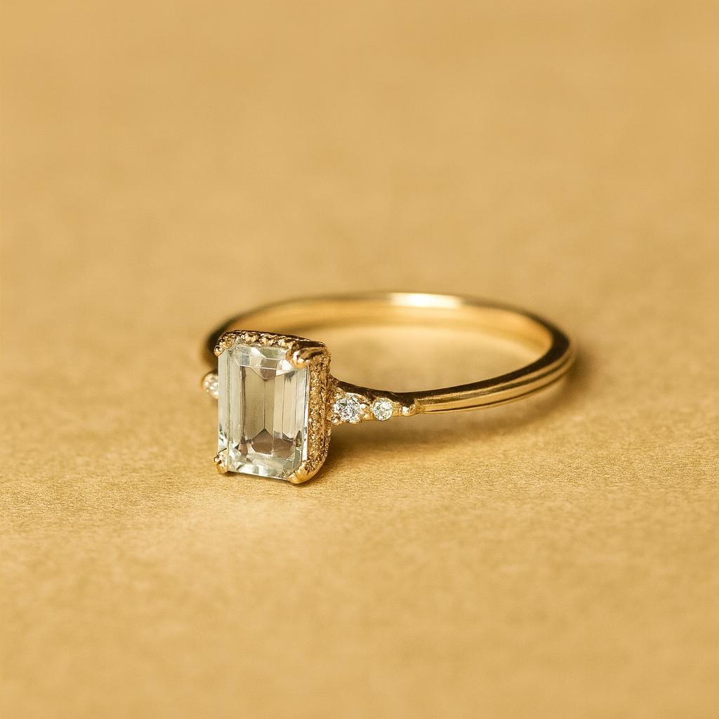 Women’s Emerald Cut Green Amethyst Gemstone Engagement Ring – Gold Plated Band with Side Diamond Accents, Elegant Statement Jewelry Gift for Her