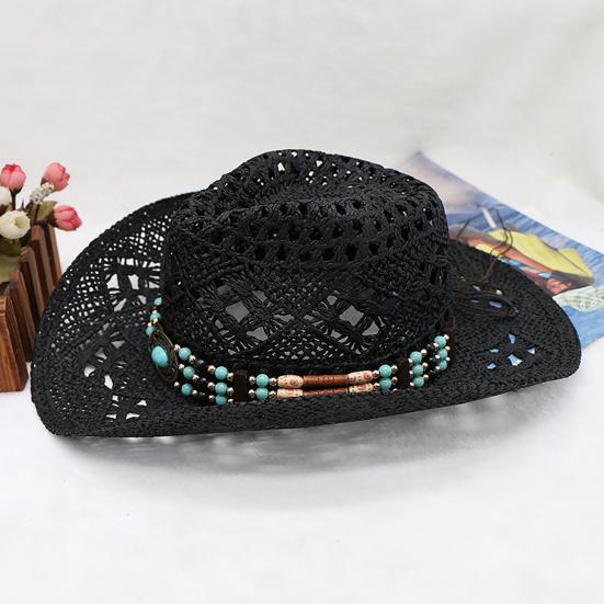 Hat with Decorative Bands Hollow Ultralight Breathable Design Cowgirl Woven Sun