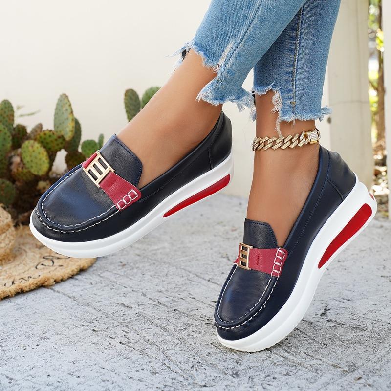 Женские лоферы на платформе широкой полноты - Повседневные слипоны с металлической пряжкой для весны, Модная обувь на массивной подошве
