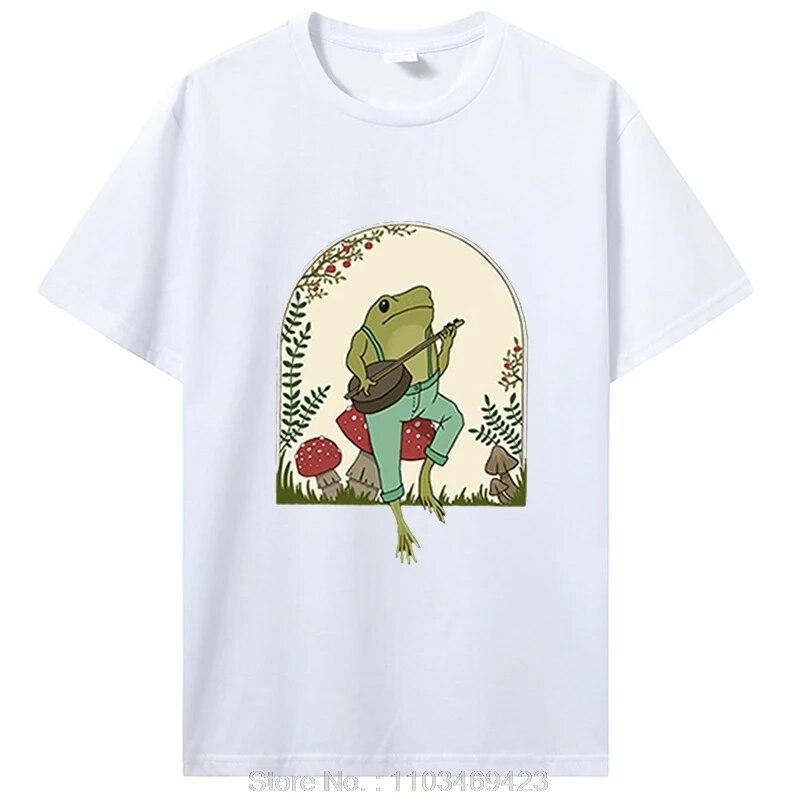 Cute Cottagecore T-shirts Aesthetic Frog Playing Banjo On Mushroom T Shirt Unisex Cotton Graphic TShirt Unisex Clothing Oversized