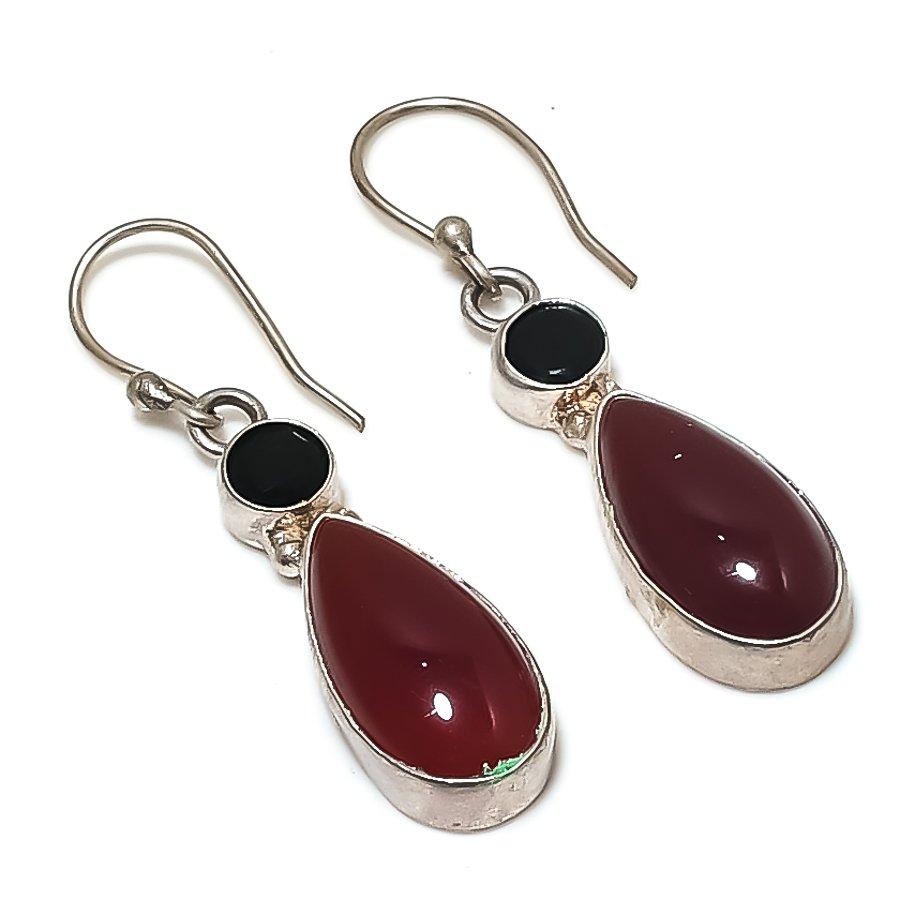 Carnelian, Spinel Gemstone Handmade 925 Sterling Silver Earring 1.85" KJ-1113