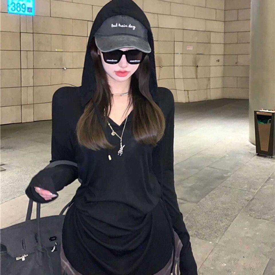 Ins Тонкая свободная футболка с длинными рукавами и капюшоном, дизайн интернет-знаменитостей, высокая талия, пуговицы на шнуровке